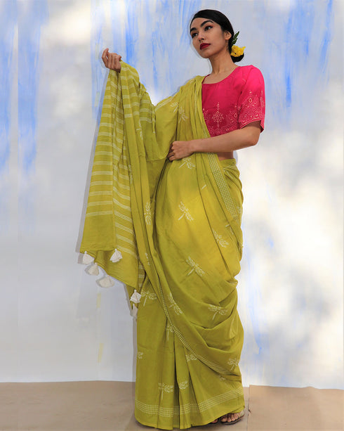 Melody Of Parrots Hand Block Printed Cotton Saree